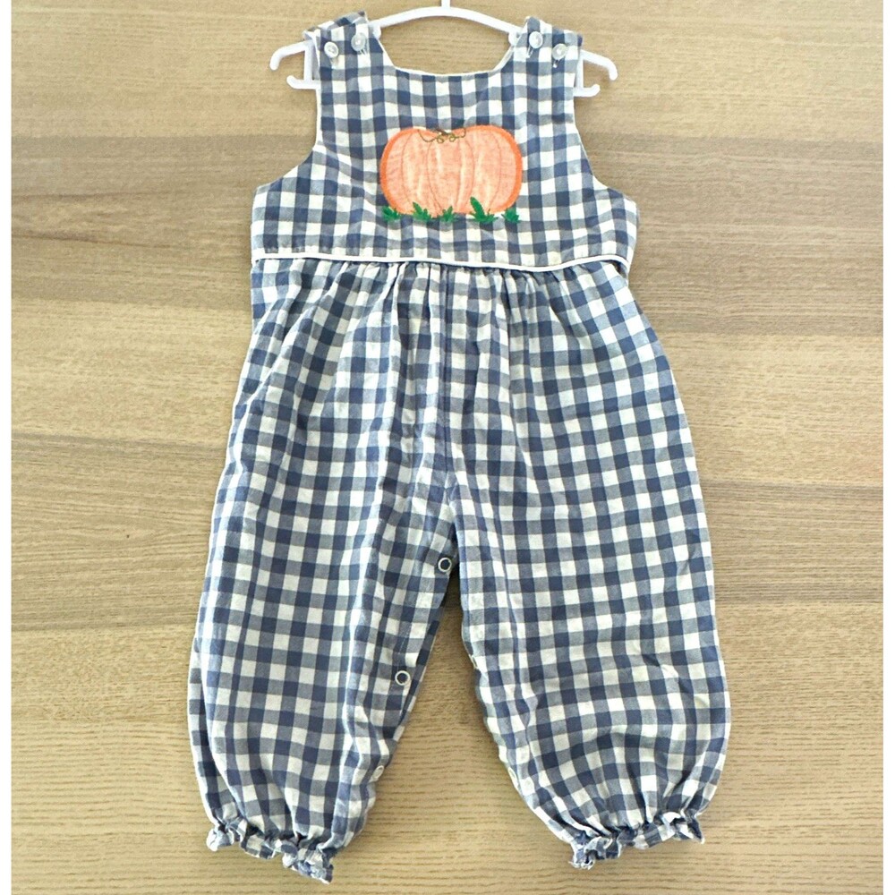 Bailey Boys girls 18M Blue Gingham Pumpkin Bow Sleeveless balloon  jumpsuit
